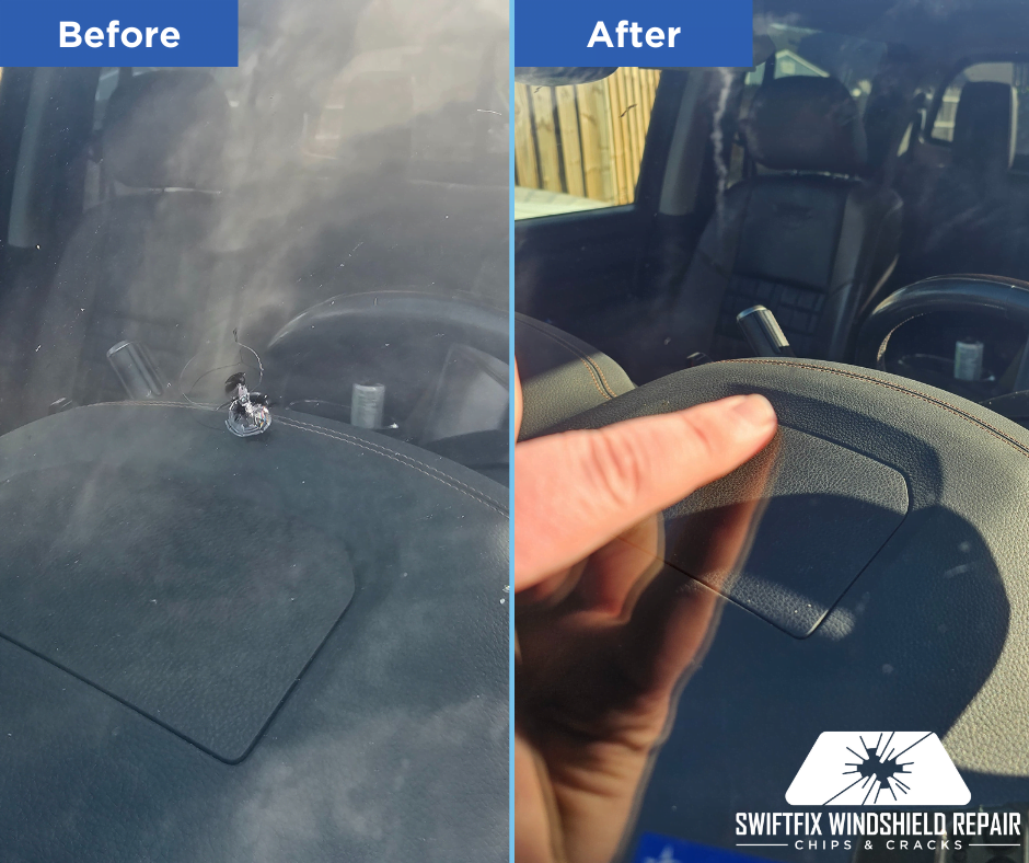 Before and after of a professional windshield repair job in Denton Texas